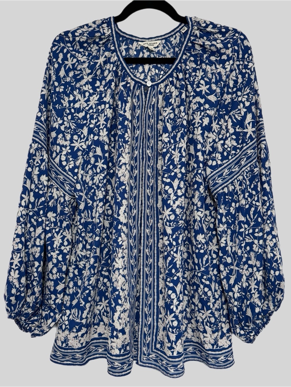Max Studio London Blue & White Coastal Floral Boho Blouse Women’s 1X Top EUC - Picture 2 of 11